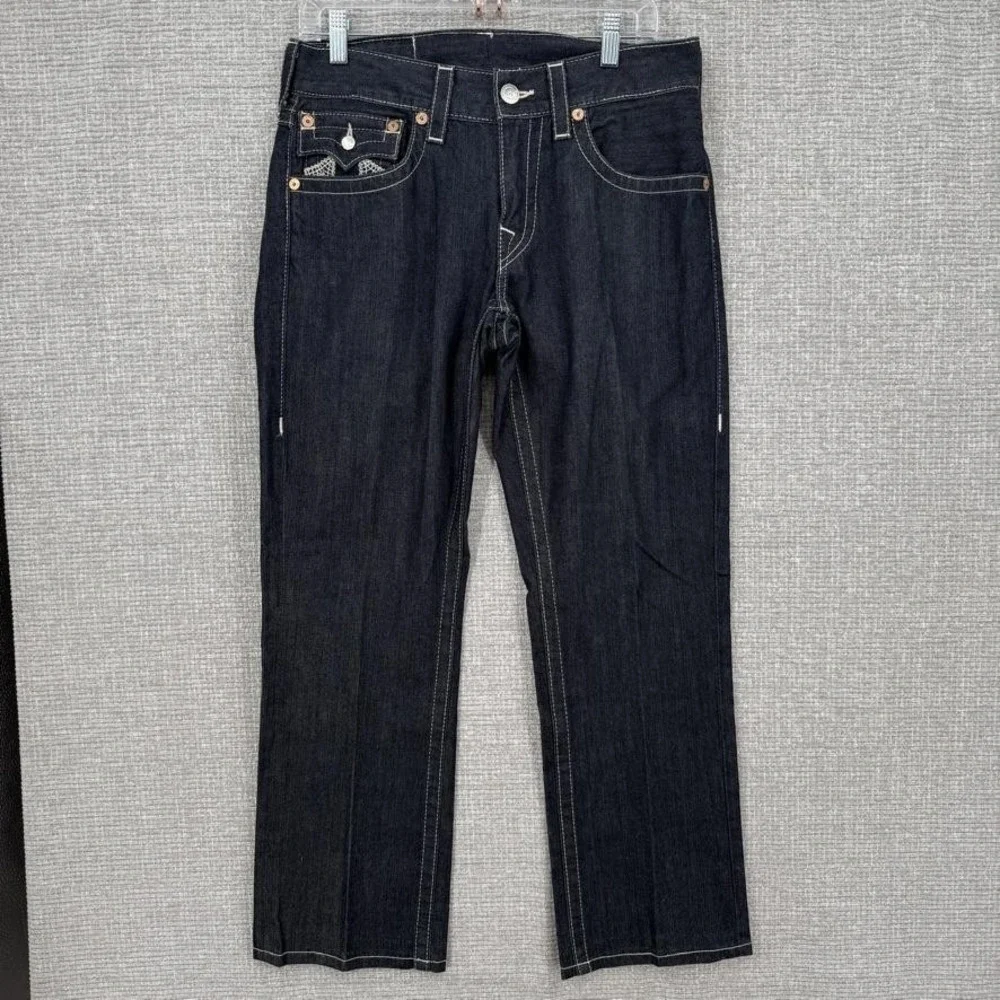 True Religion Straight Jeans Mens 32 Dark Wash Big T Stitching Denim Vintage Y2K
